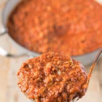 A ladle full of Bolognese sauce