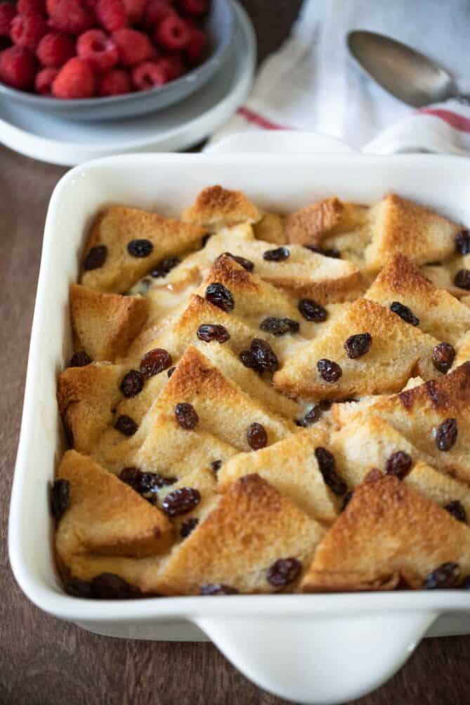 Triangles of bread browned in the oven with custard and raisins