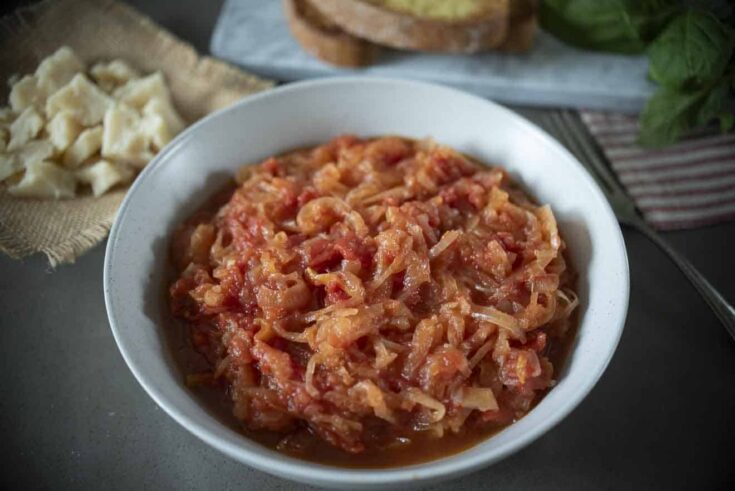 Stewed onions and tomato in a bowl