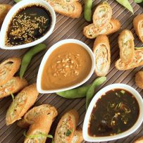 Asian sauces in white bowls in a diagonal line with egg rolls