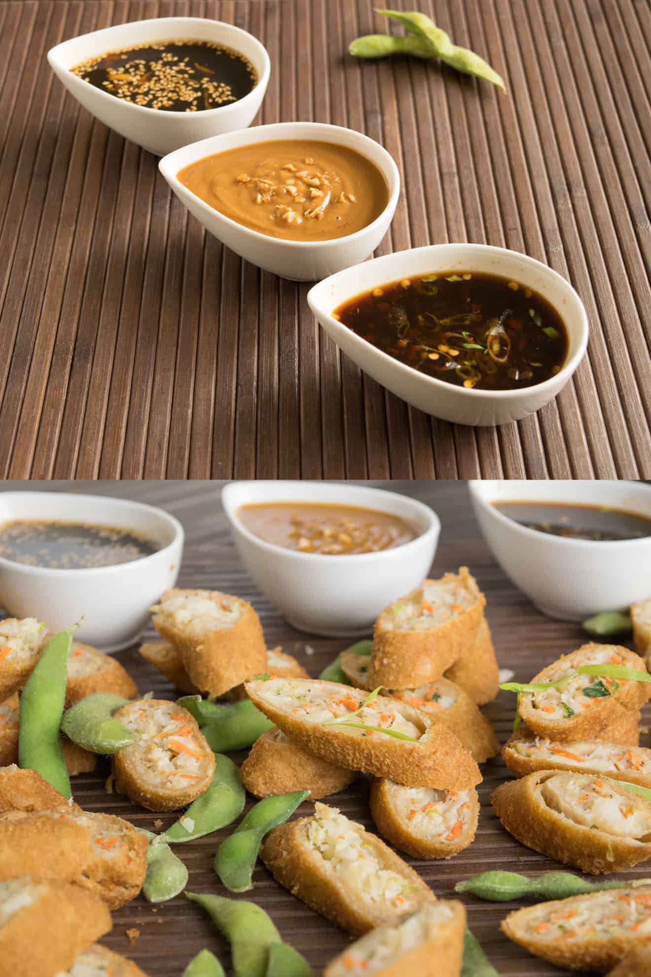 Cut spring rolls with Asian dipping sauces