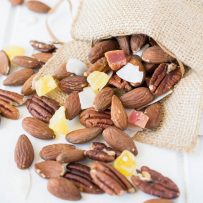 Tropical trail mix. A delicious combination of roasted almonds and pecans, dried mango, pineapple and coconut. This is the perfect anytime snack.