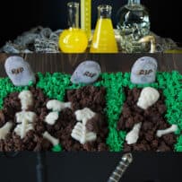 Halloween drink, graveyard brownie and skull and dagger cake