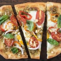 Flatbread naan made into pizza and sliced