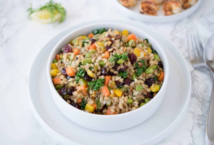 Farro grains mixed with colorful vegetables in a bowl