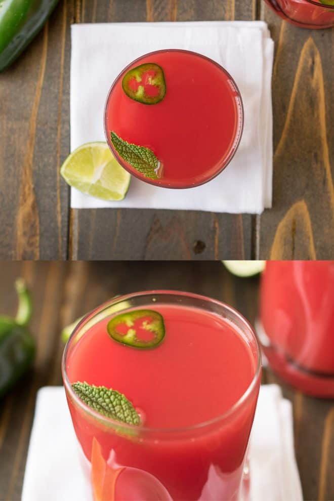 A closeup of the drink showing the green garnishes floating on top