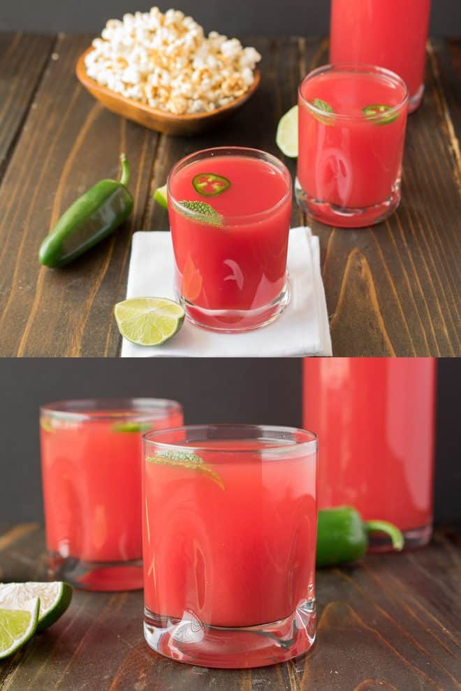 A top and a side view of watermelon jalapeño agua fresca