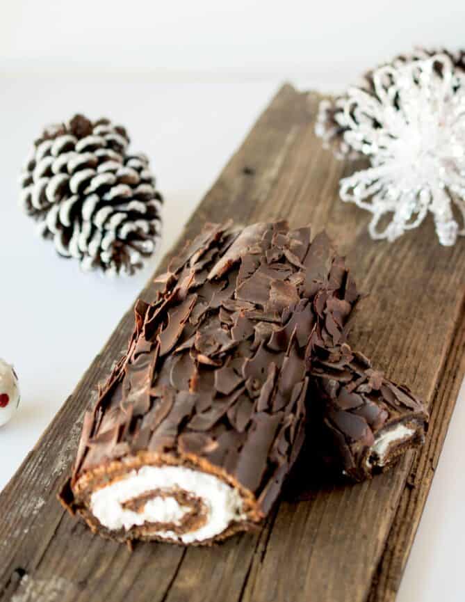 Chocolate shards decorate the outside of a yule log