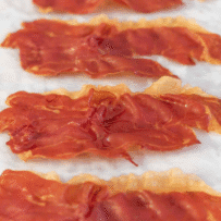 Crispy prosciutto lined up