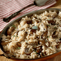 A closeup of a bowl of mushroom rice pilaf
