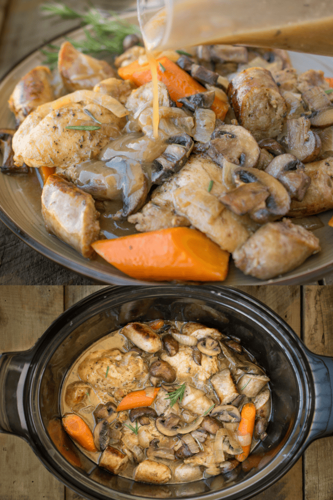 Pouring gravy over chicken and sausage