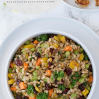 An overhead view of a colorful vegetable and farro side dish